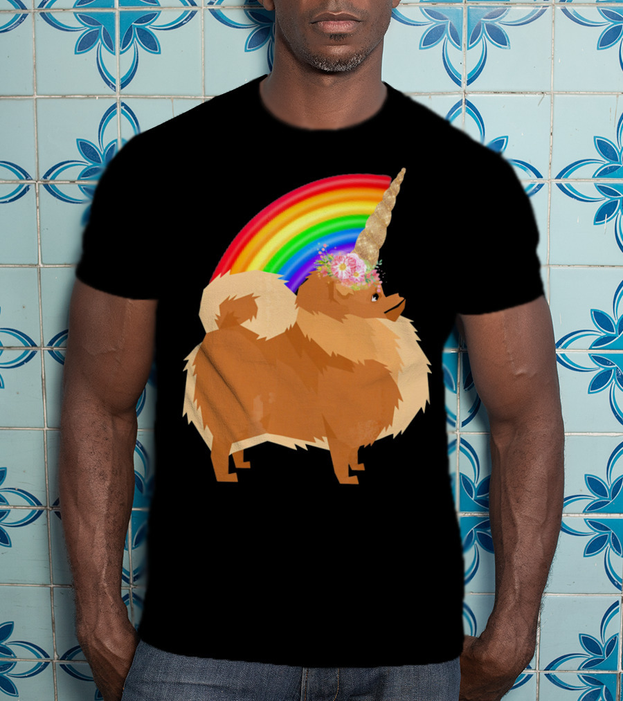 Pomeranian Rainbow Unicorn Dog With Floral Horn And Doodle Elements T-Shirt
