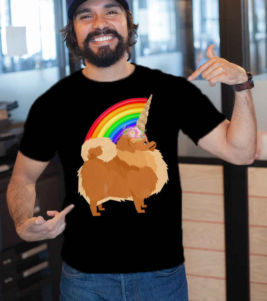 Pomeranian Rainbow Unicorn Dog With Floral Horn And Doodle Elements T-Shirt
