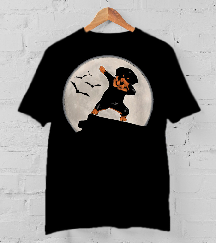 Funny Rottweiler Dabbing Dog Halloween Costume With Moon And Bats T-Shirt