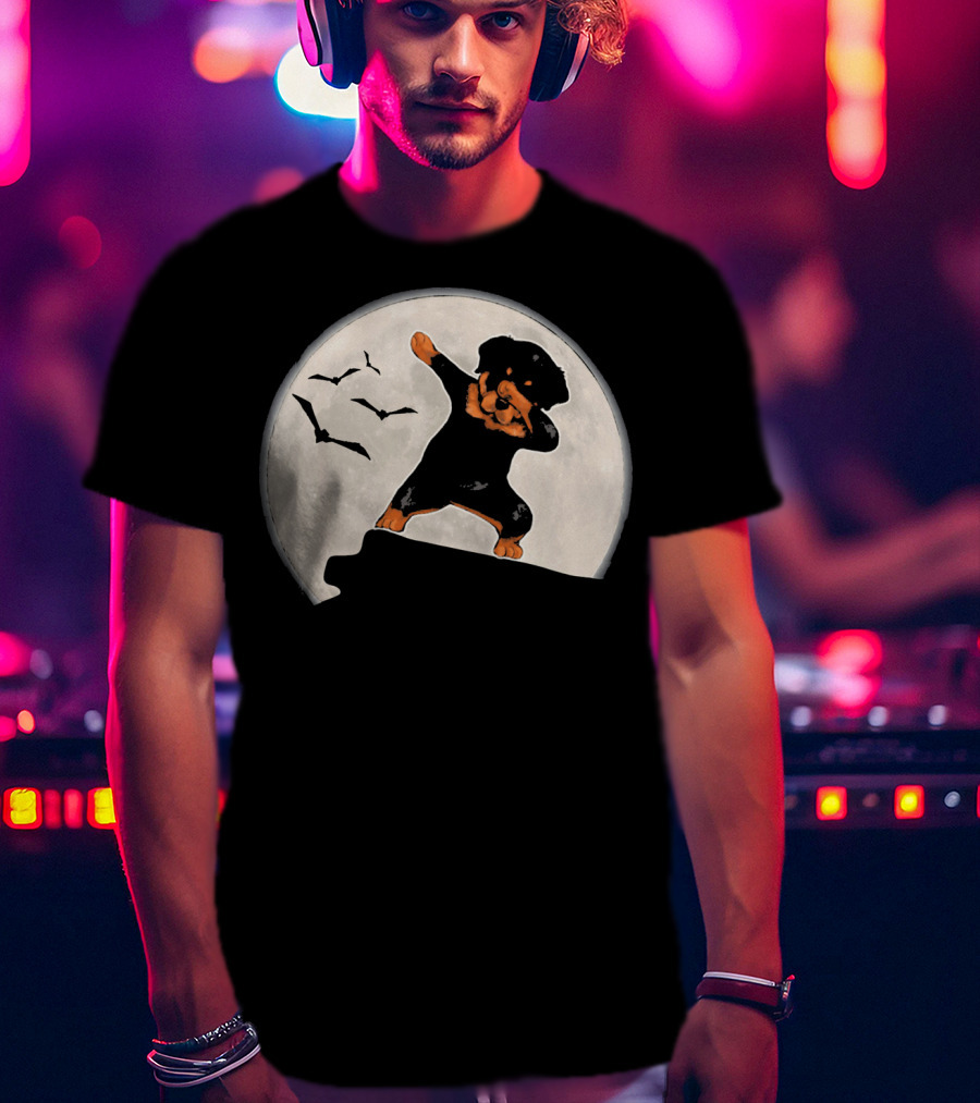 Funny Rottweiler Dabbing Dog Halloween Costume With Moon And Bats T-Shirt