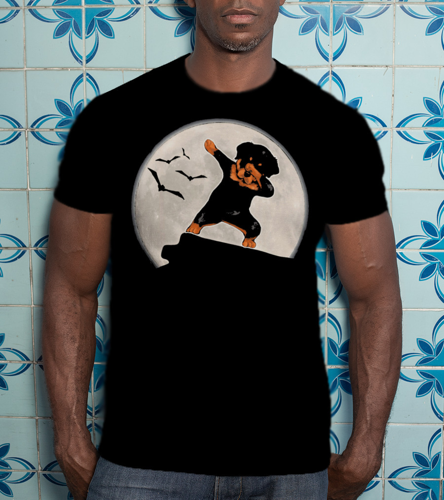 Funny Rottweiler Dabbing Dog Halloween Costume With Moon And Bats T-Shirt