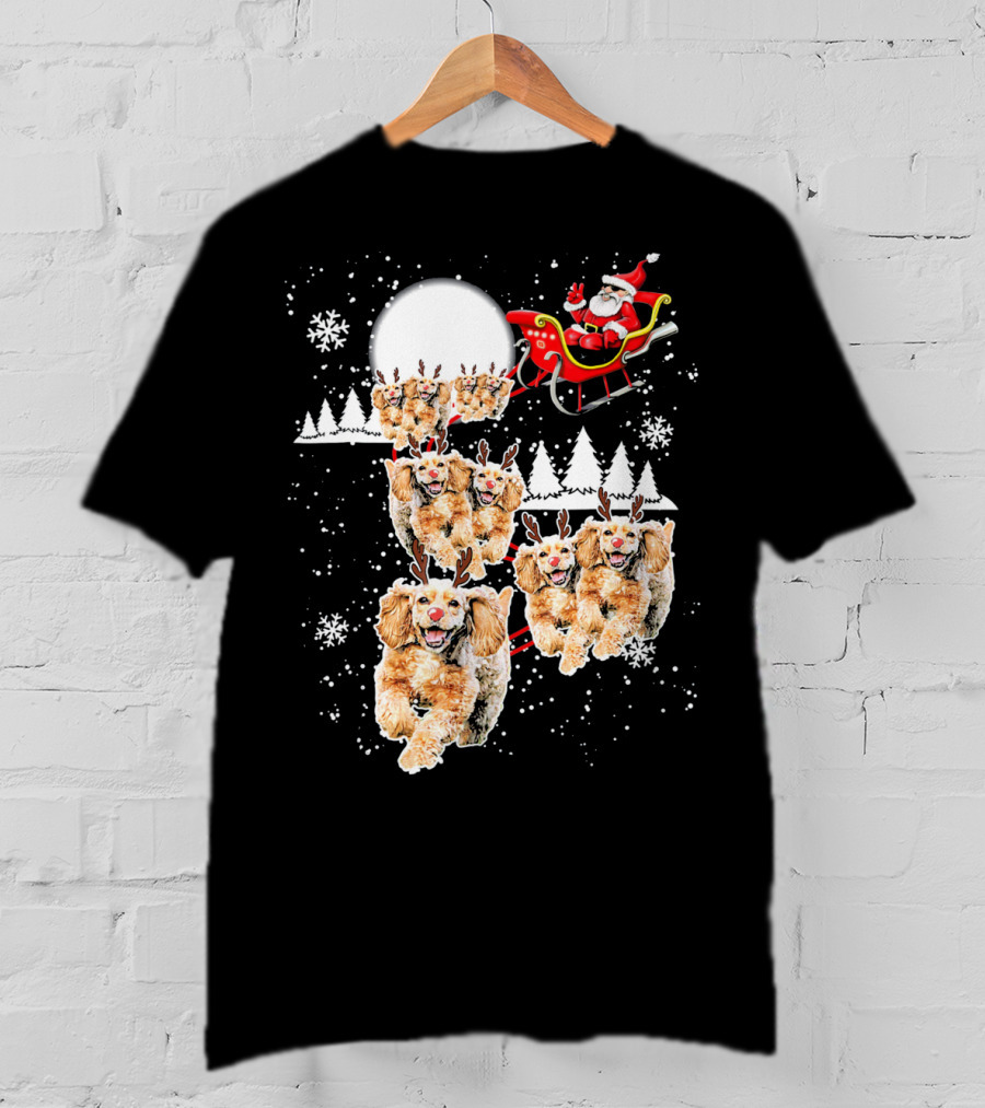 Santa Cocker Spaniel Reindeer Moon Sled Snowflakes T-Shirt