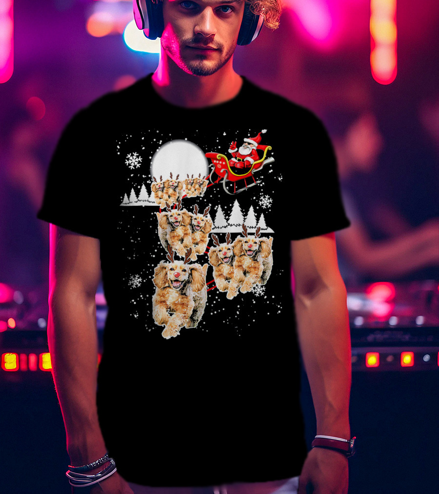 Santa Cocker Spaniel Reindeer Moon Sled Snowflakes T-Shirt