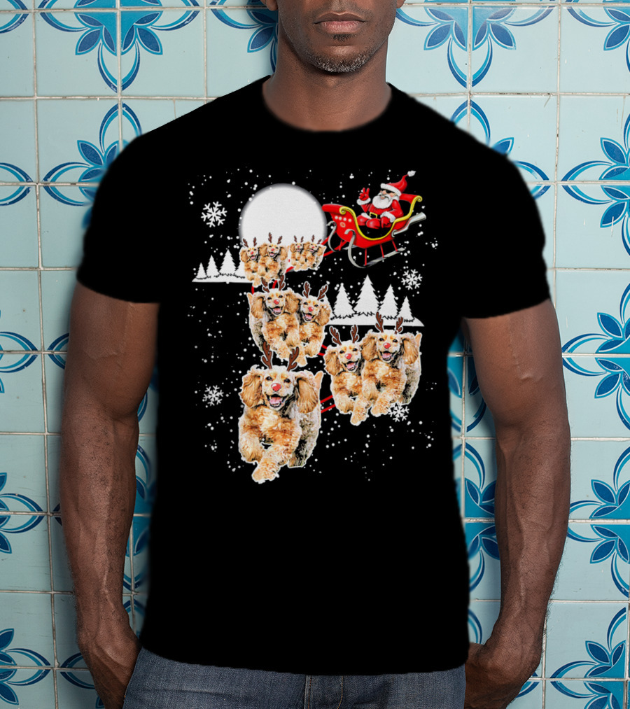 Santa Cocker Spaniel Reindeer Moon Sled Snowflakes T-Shirt