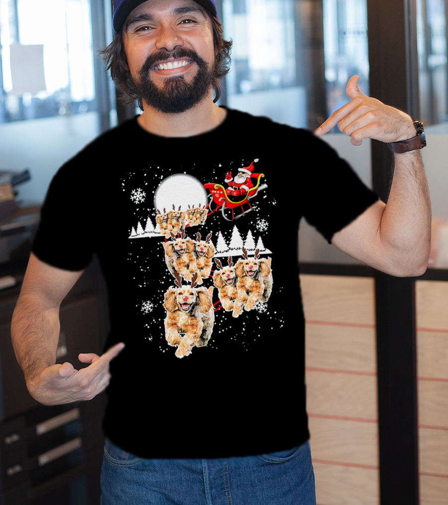 Santa Cocker Spaniel Reindeer Moon Sled Snowflakes T-Shirt