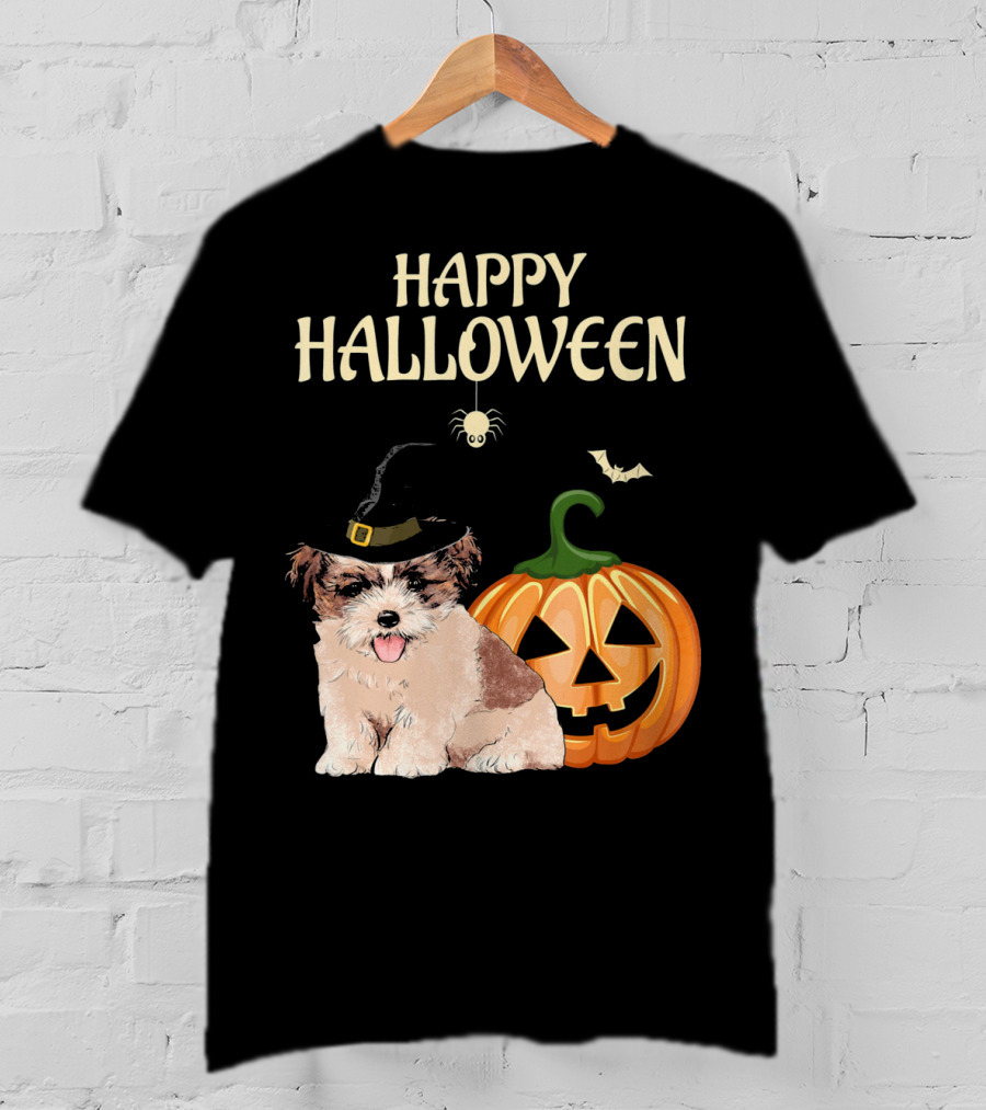 Happy Halloween Shih Tzu With Pumpkin And Witch Hat T-Shirt