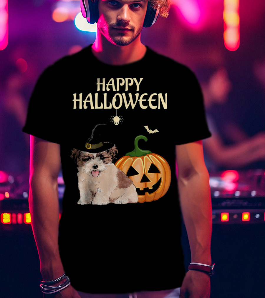 Happy Halloween Shih Tzu With Pumpkin And Witch Hat T-Shirt