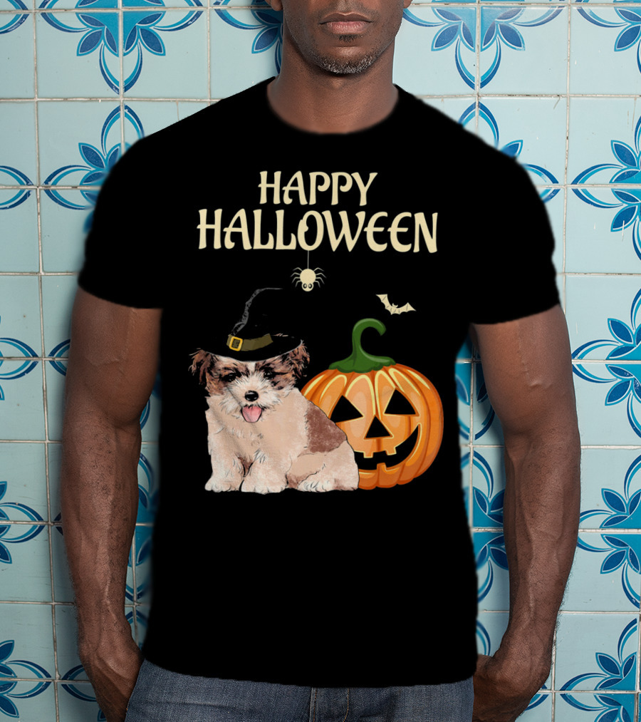 Happy Halloween Shih Tzu With Pumpkin And Witch Hat T-Shirt