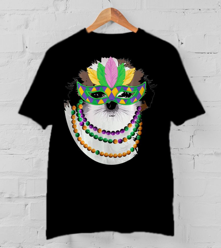 Funny Shih Tzu Mardi Gras Beads Necklace Mask With Colorful Feathered Mask T-Shirt