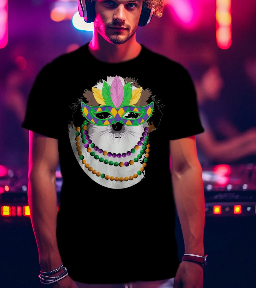 Funny Shih Tzu Mardi Gras Beads Necklace Mask With Colorful Feathered Mask T-Shirt