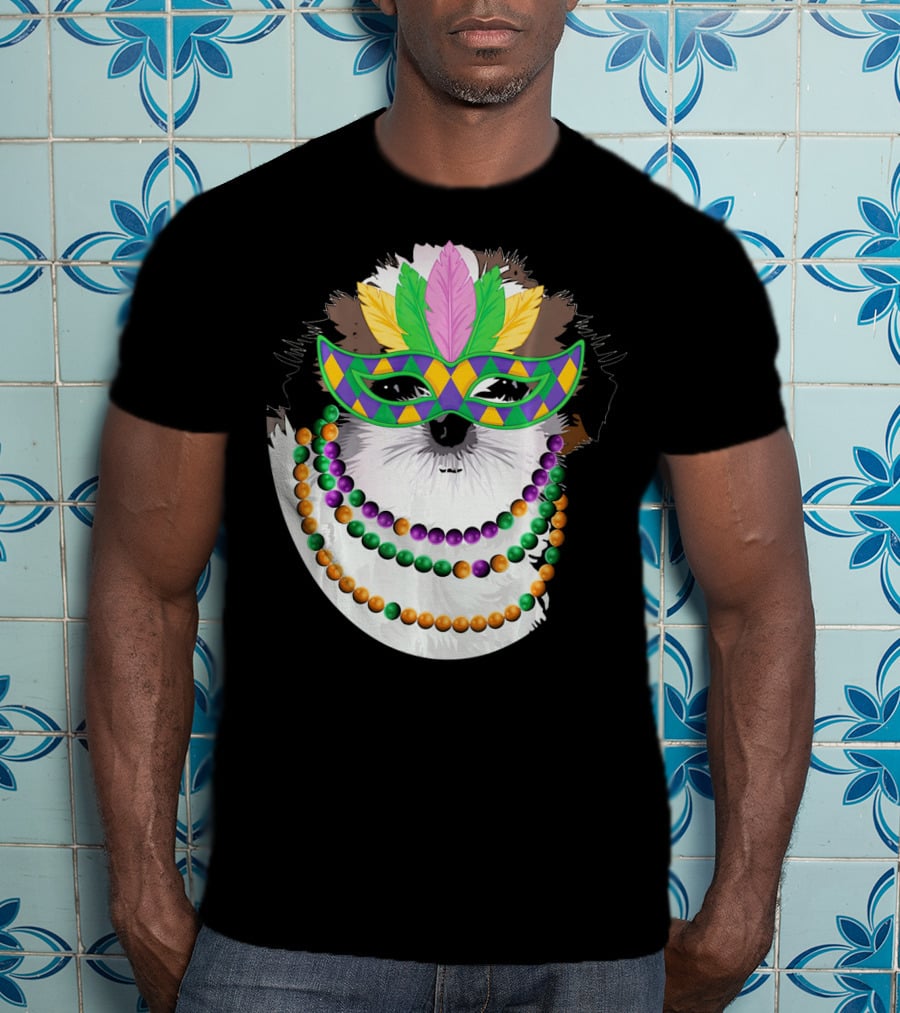 Funny Shih Tzu Mardi Gras Beads Necklace Mask With Colorful Feathered Mask T-Shirt