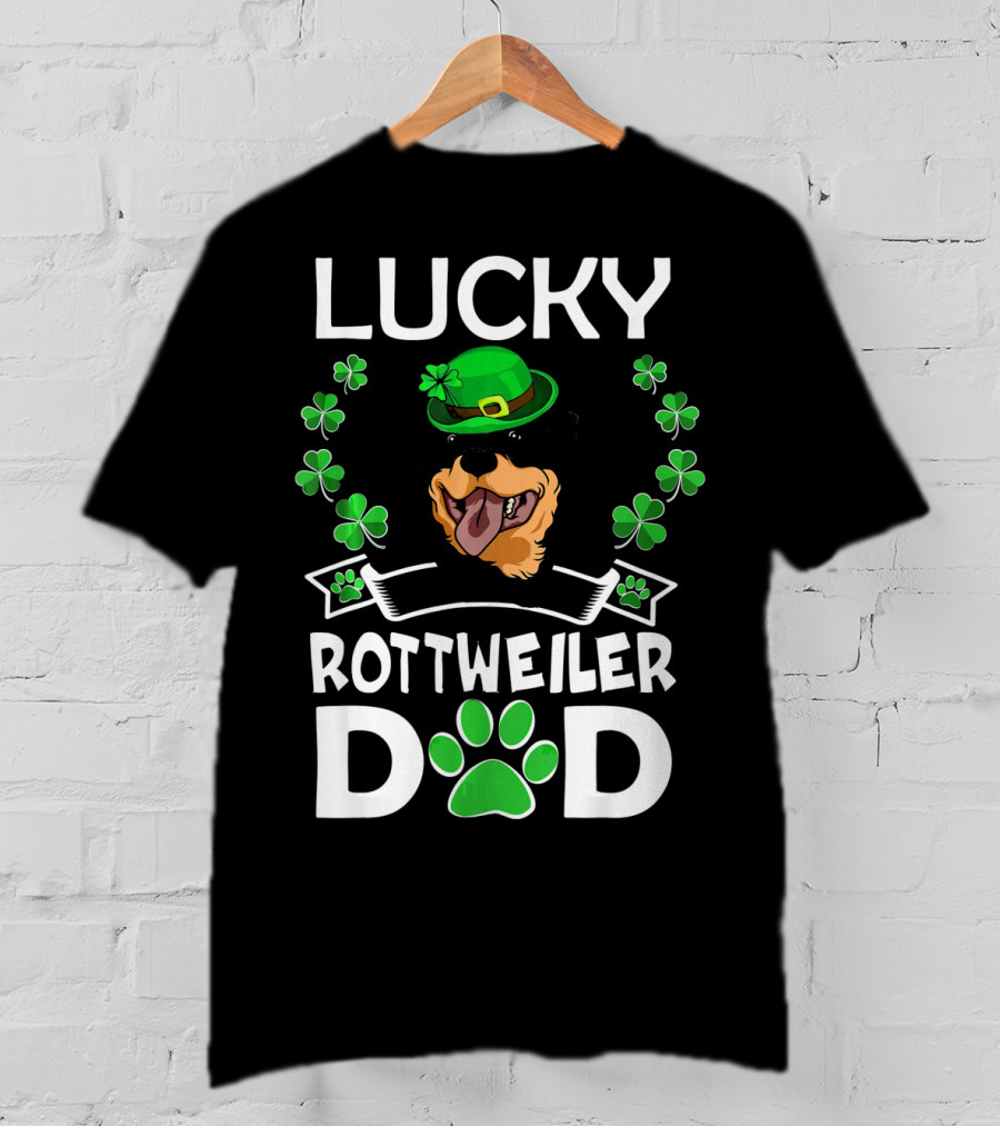 Lucky Rottweiler Dad St Patricks Day Shamrocks And Green Hat T-Shirt