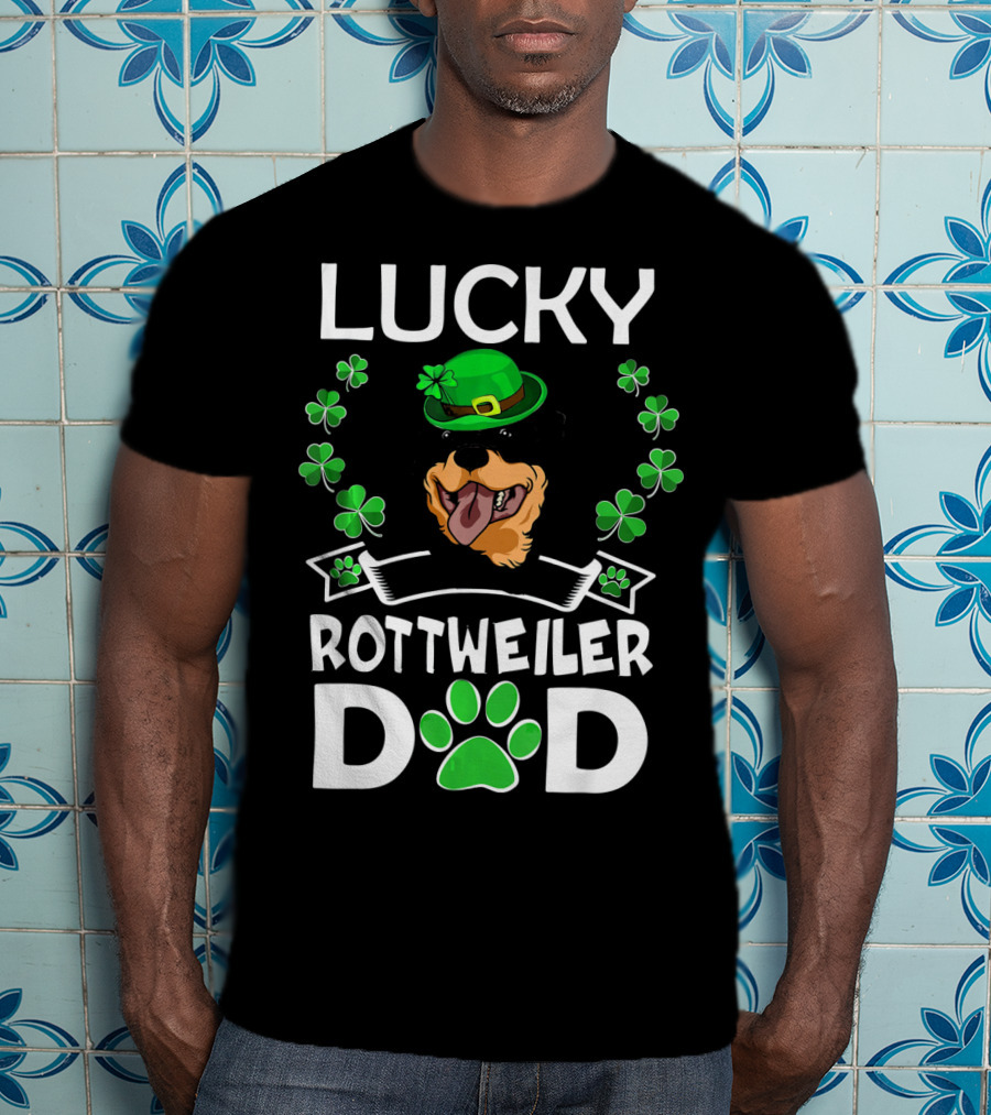 Lucky Rottweiler Dad St Patricks Day Shamrocks And Green Hat T-Shirt