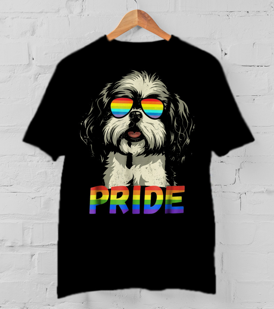 Pride Shih Tzu With Gay Pride Flag Sunglasses For Dog Lovers T-Shirt