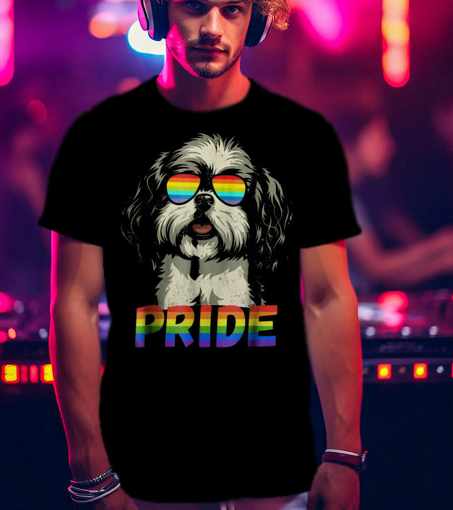 Pride Shih Tzu With Gay Pride Flag Sunglasses For Dog Lovers T-Shirt