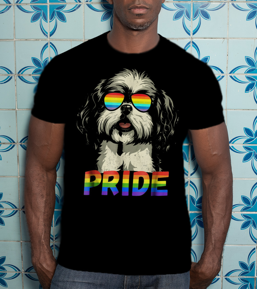 Pride Shih Tzu With Gay Pride Flag Sunglasses For Dog Lovers T-Shirt