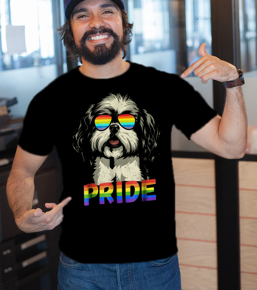 Pride Shih Tzu With Gay Pride Flag Sunglasses For Dog Lovers T-Shirt
