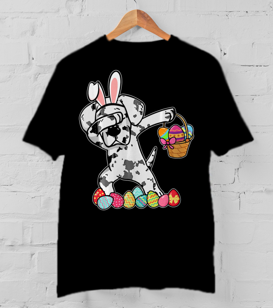 Great Dane Dabbing Easter Bunny With Egg Basket And Colorful Hunting Eggs T-Shirt