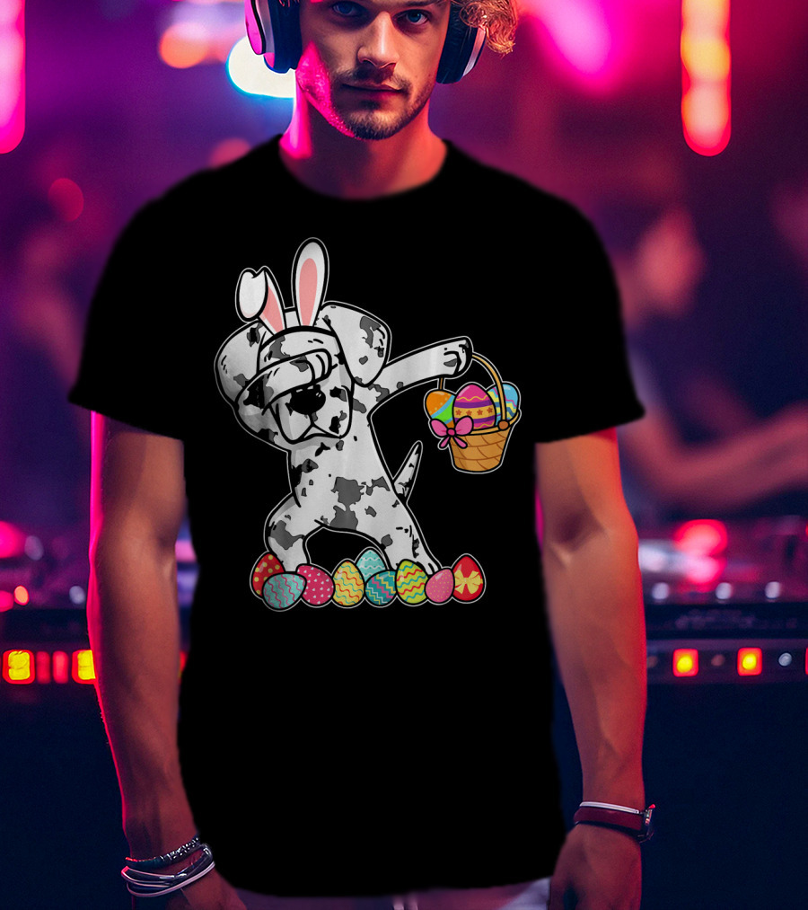 Great Dane Dabbing Easter Bunny With Egg Basket And Colorful Hunting Eggs T-Shirt