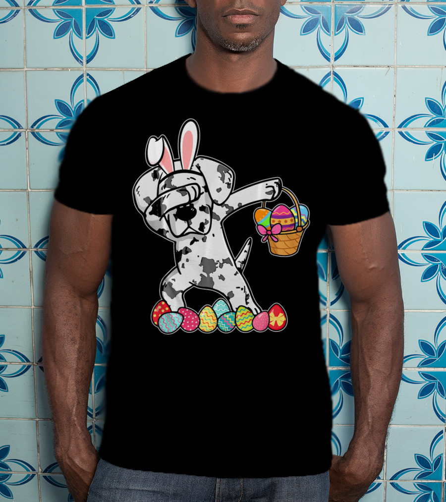 Great Dane Dabbing Easter Bunny With Egg Basket And Colorful Hunting Eggs T-Shirt