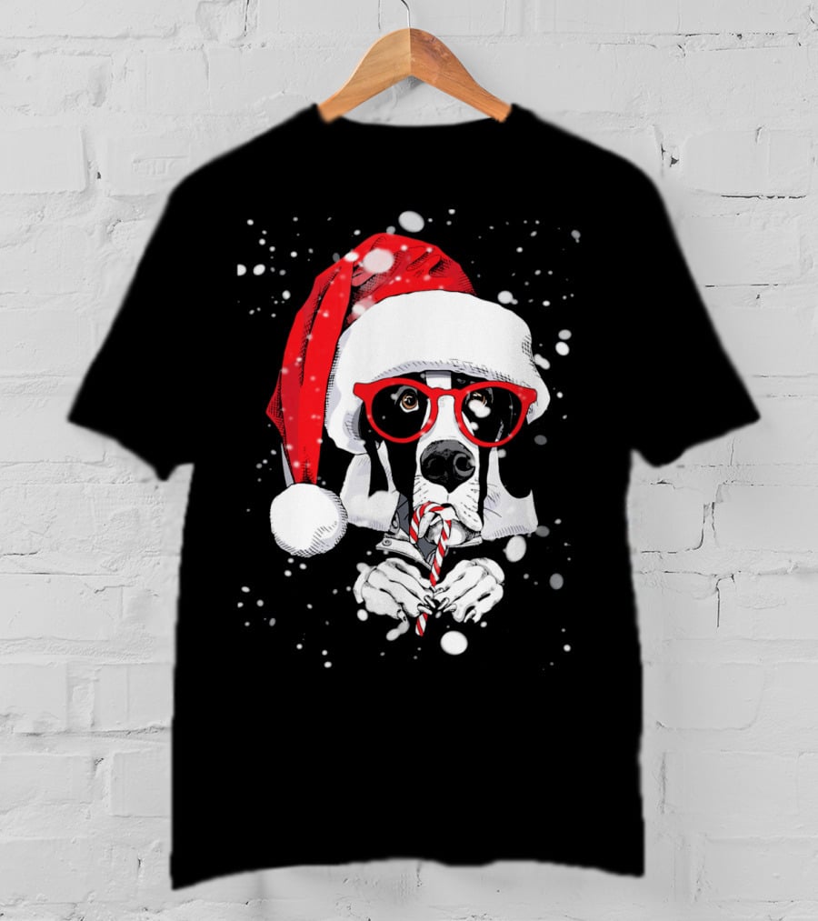 Great Dane Licking Candy Cane With Santa Xmas Hat And Red Glasses Snowflakes T-Shirt