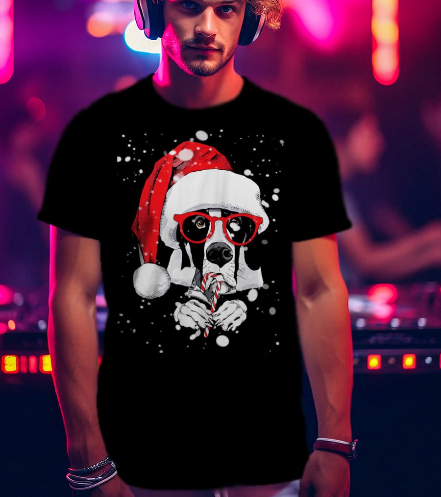 Great Dane Licking Candy Cane With Santa Xmas Hat And Red Glasses Snowflakes T-Shirt