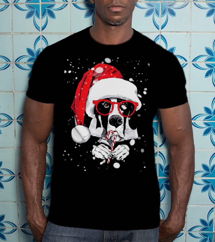 Great Dane Licking Candy Cane With Santa Xmas Hat And Red Glasses Snowflakes T-Shirt