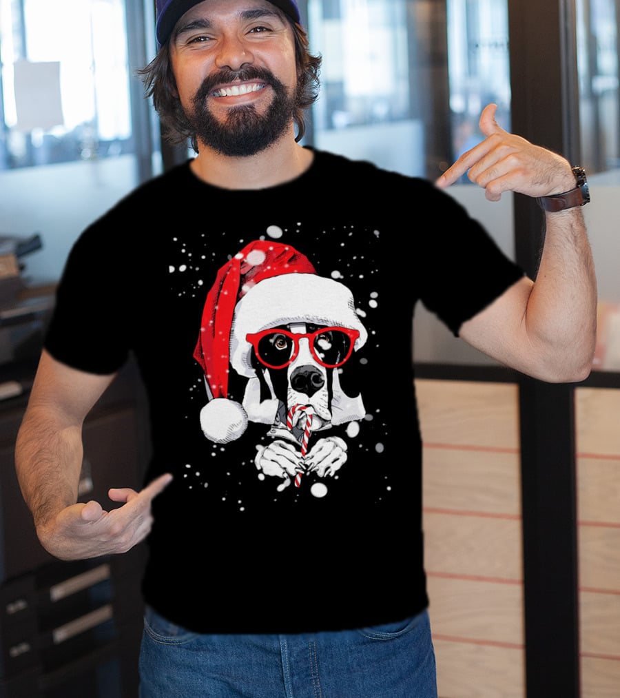 Great Dane Licking Candy Cane With Santa Xmas Hat And Red Glasses Snowflakes T-Shirt