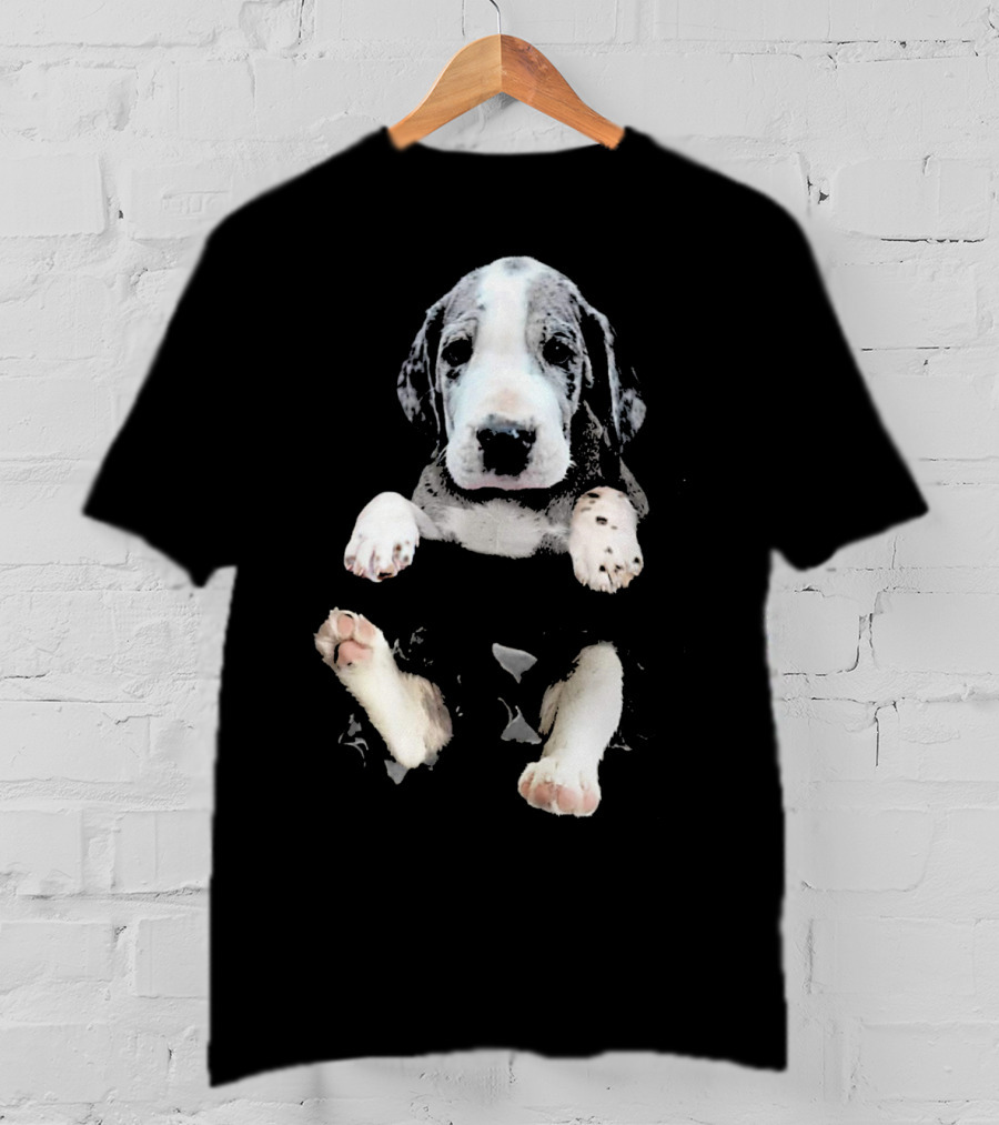 Great Dane Puppy Peeking Out Of Pocket T-Shirt