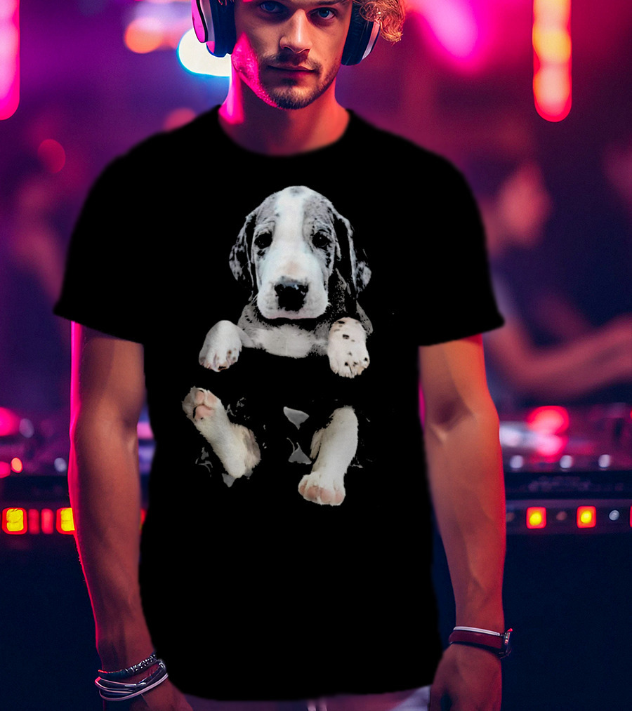 Great Dane Puppy Peeking Out Of Pocket T-Shirt