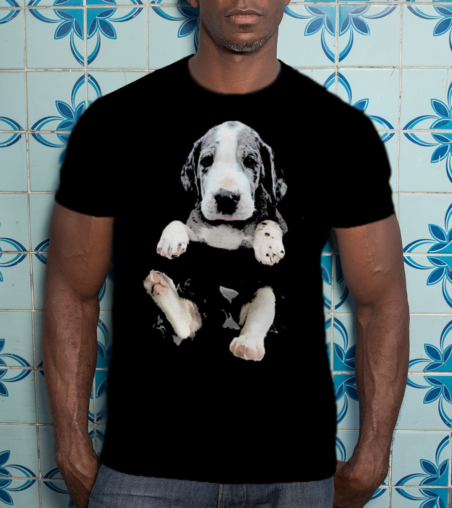 Great Dane Puppy Peeking Out Of Pocket T-Shirt