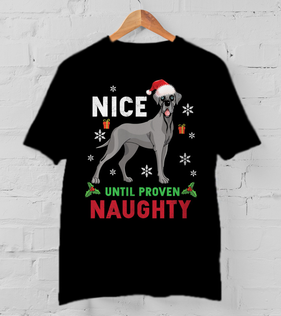 Great Dane Nice Until Proven Naughty Christmas Santa Hat Snowflakes T-Shirt
