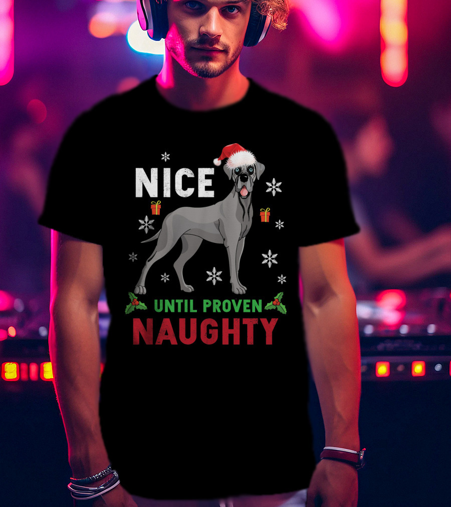 Great Dane Nice Until Proven Naughty Christmas Santa Hat Snowflakes T-Shirt