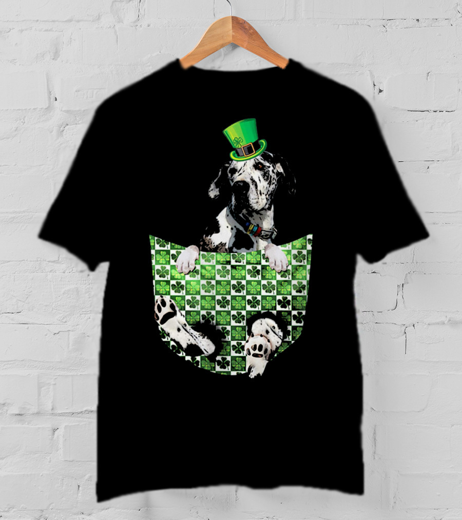 Great Dane In Pocket With Green Shamrock Patrick Hat T-Shirt