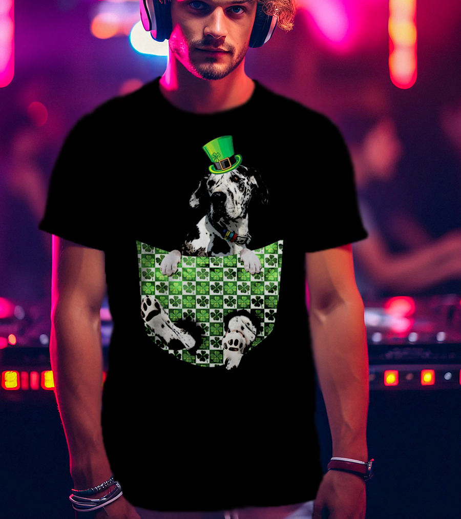 Great Dane In Pocket With Green Shamrock Patrick Hat T-Shirt
