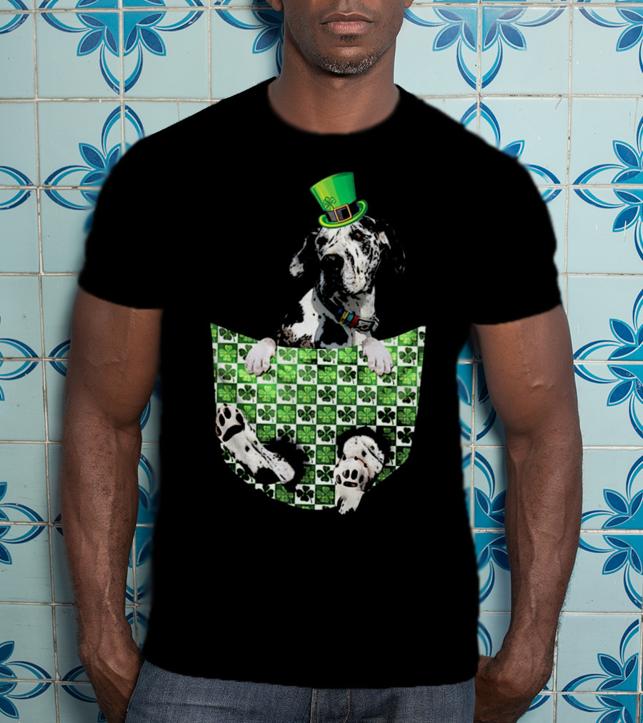 Great Dane In Pocket With Green Shamrock Patrick Hat T-Shirt