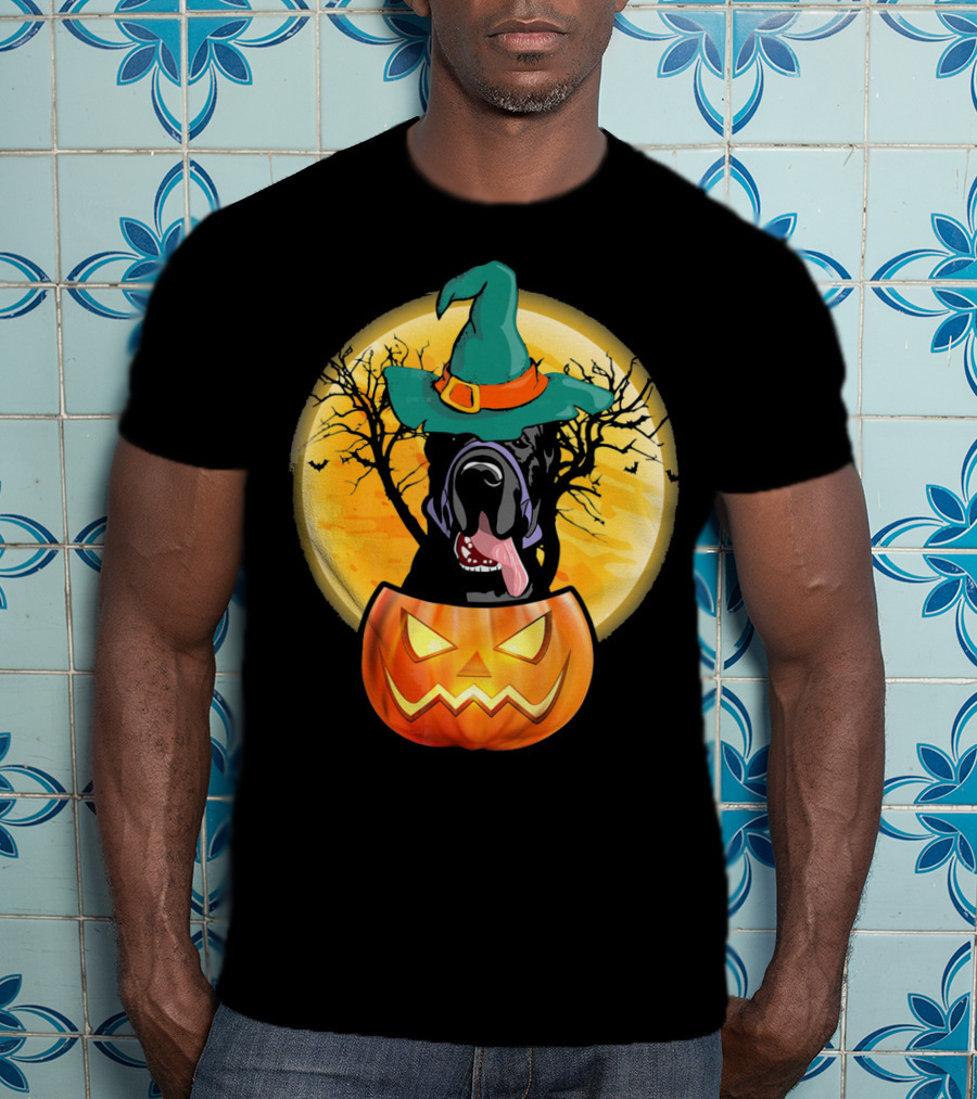 Great Dane Halloween Pumpkin Witch Hat Spooky Scene T-Shirt