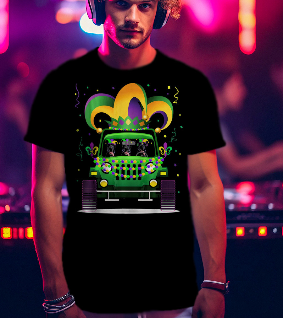 Great Dane Trio In Jeep With Mardi Gras Beads And Hat T-Shirt