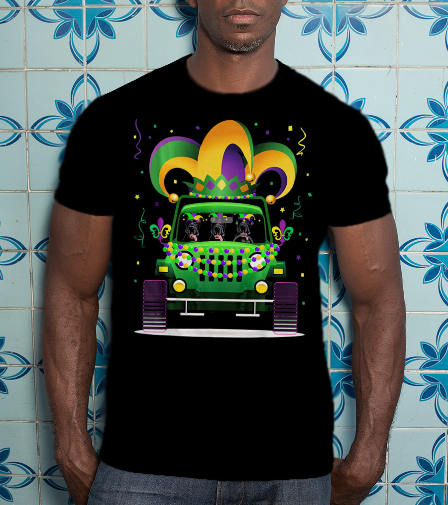 Great Dane Trio In Jeep With Mardi Gras Beads And Hat T-Shirt