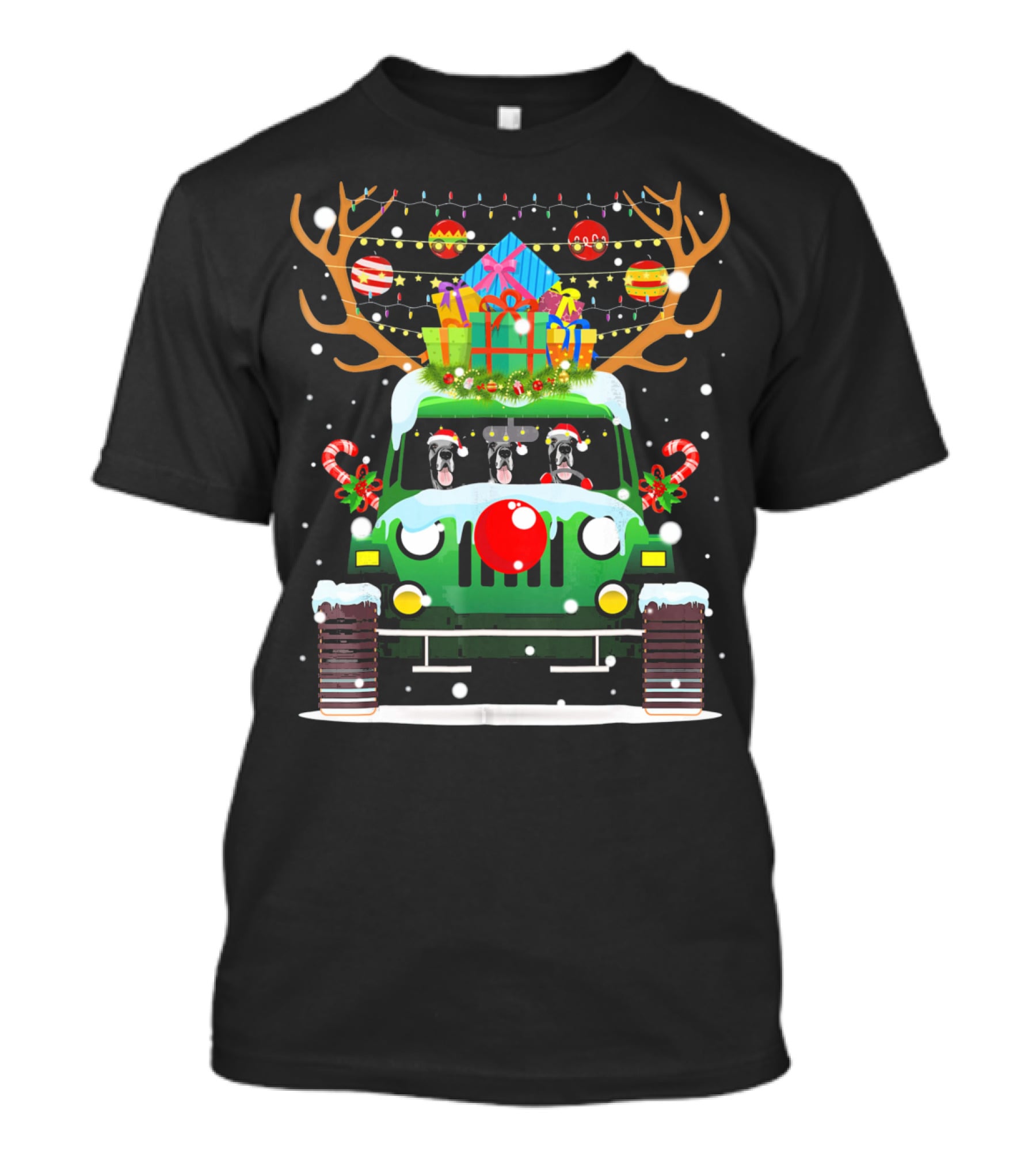 Great Dane Santa Hat Jeep Christmas Reindeer Gift Decorations T-Shirt
