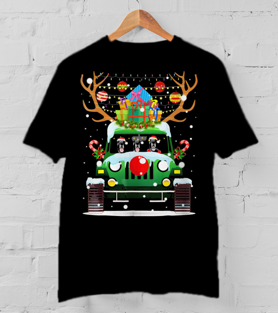 Great Dane Santa Hat Jeep Christmas Reindeer Gift Decorations T-Shirt