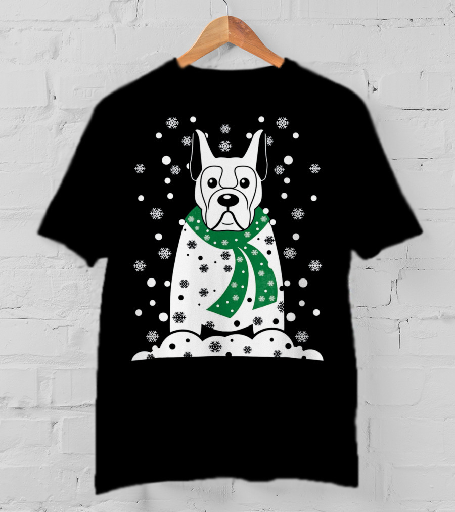 Great Dane Snowman With Green Scarf And Falling Snowflakes T-Shirt