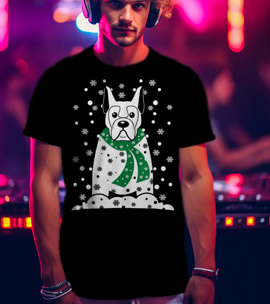 Great Dane Snowman With Green Scarf And Falling Snowflakes T-Shirt
