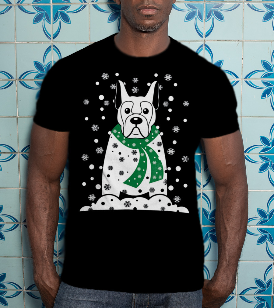 Great Dane Snowman With Green Scarf And Falling Snowflakes T-Shirt