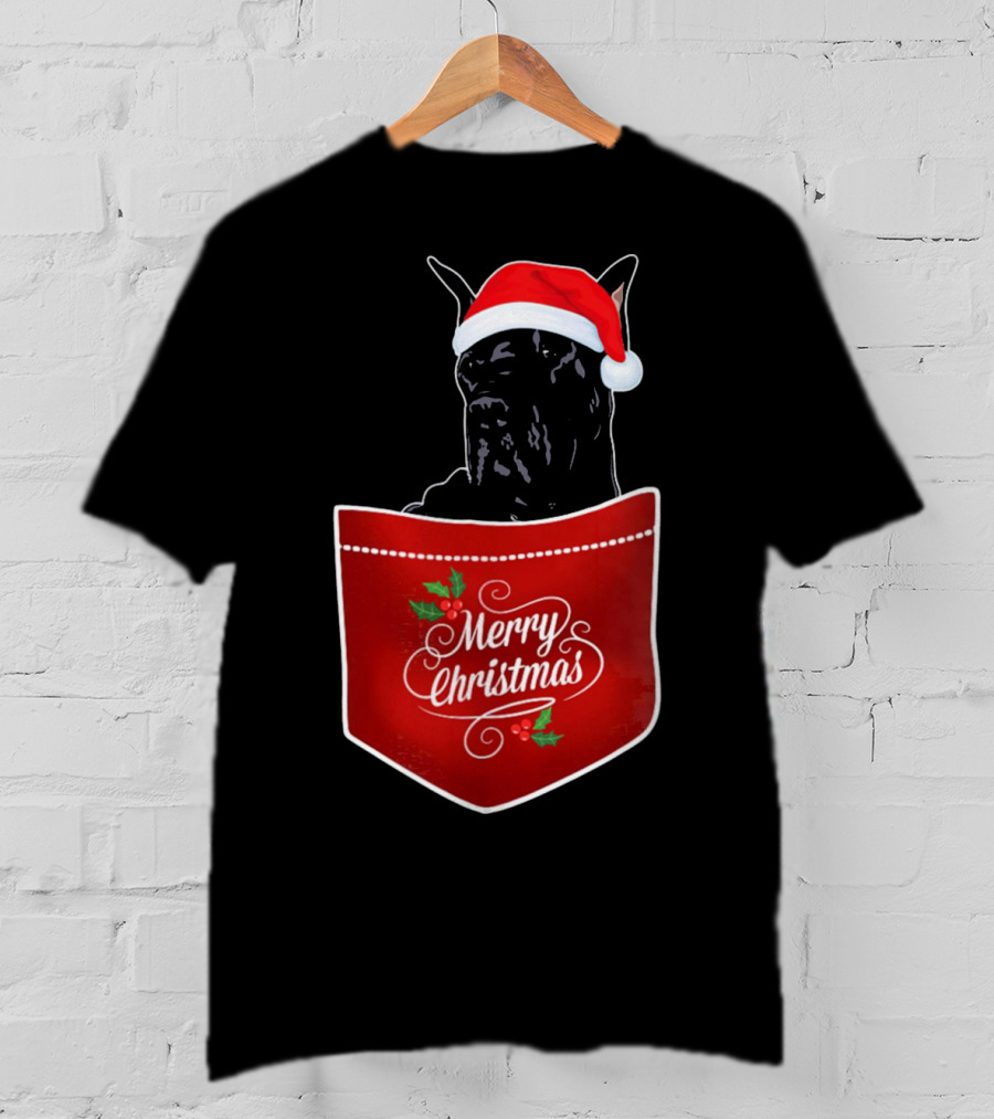 Great Dane In Santa Hat With Merry Christmas Pocket T-Shirt