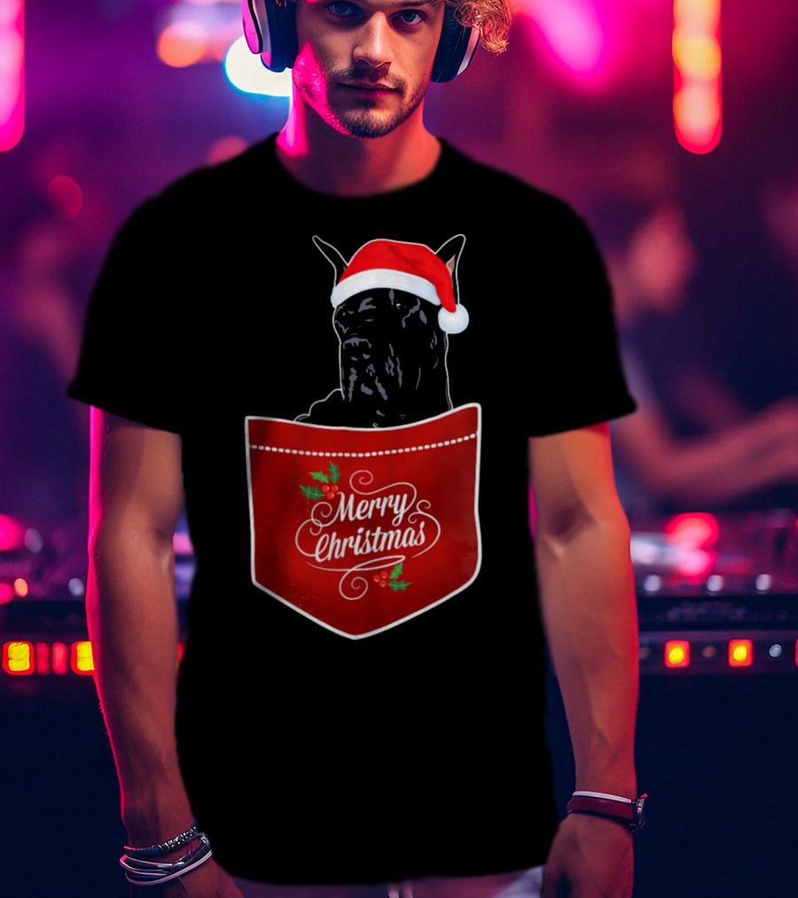Great Dane In Santa Hat With Merry Christmas Pocket T-Shirt