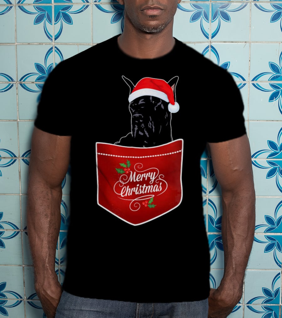 Great Dane In Santa Hat With Merry Christmas Pocket T-Shirt