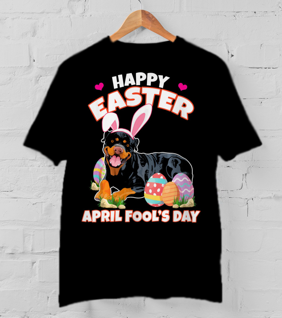 Happy Easter April Fool's Day Funny Rottweiler With Bunny Ears And Colorful Eggs T-Shirt