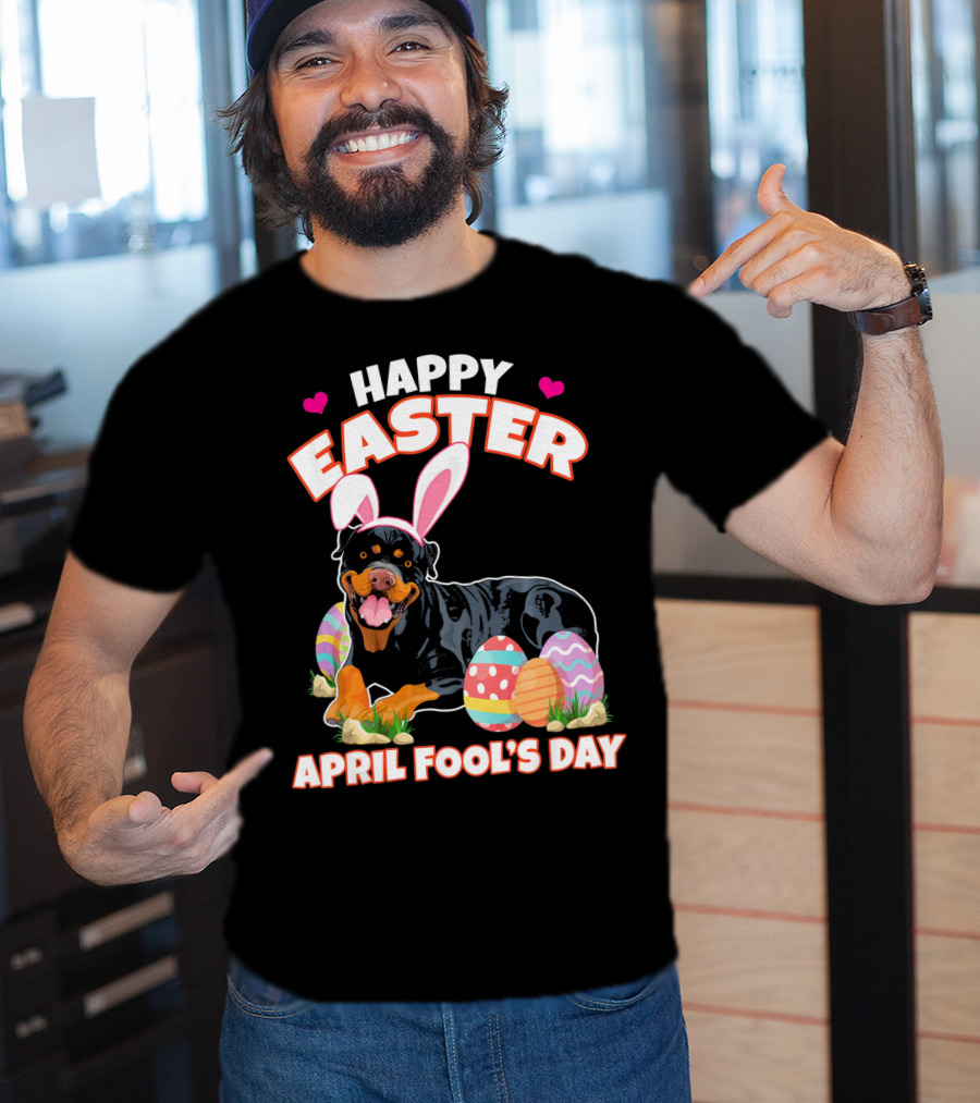 Happy Easter April Fool's Day Funny Rottweiler With Bunny Ears And Colorful Eggs T-Shirt