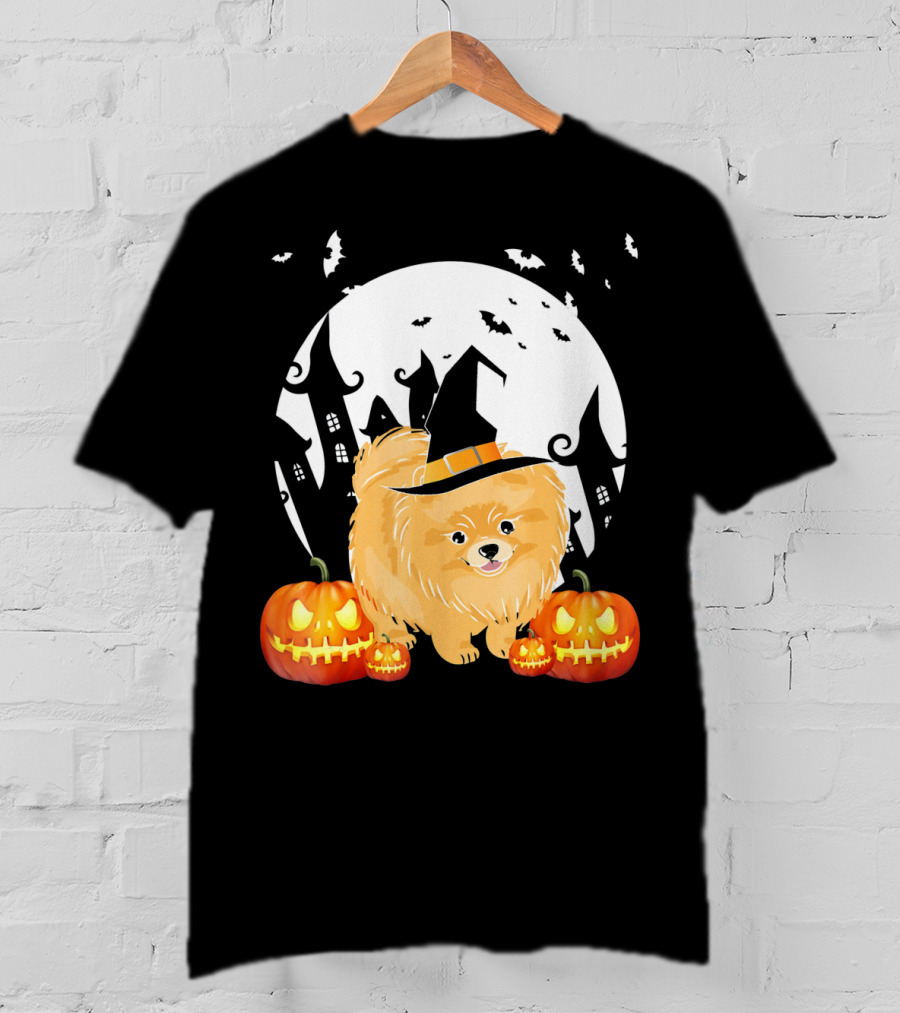 Happy Halloween Little Witch Pomeranian Dog With Pumpkins And Haunted House T-Shirt